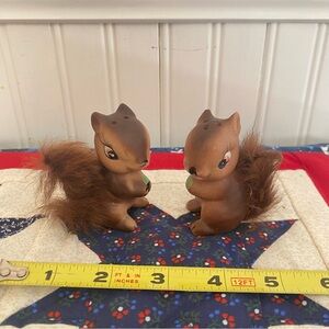 Vintage Enesco Japan Squirrel Salt And Pepper Shakers With Furry Tails